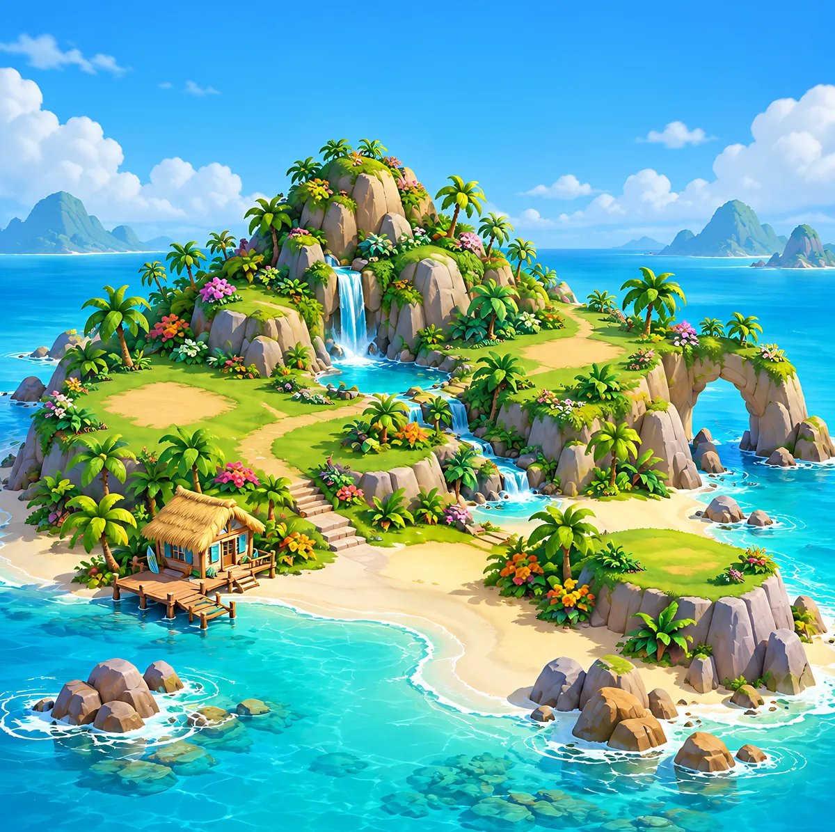Sunny Shores: a tropical island with a waterfall, palm trees and a beach hut