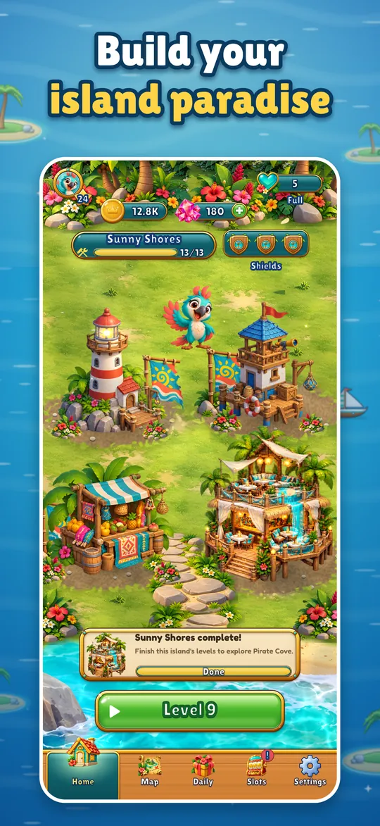 Build your island paradise: Sunny Shores with restored landmarks