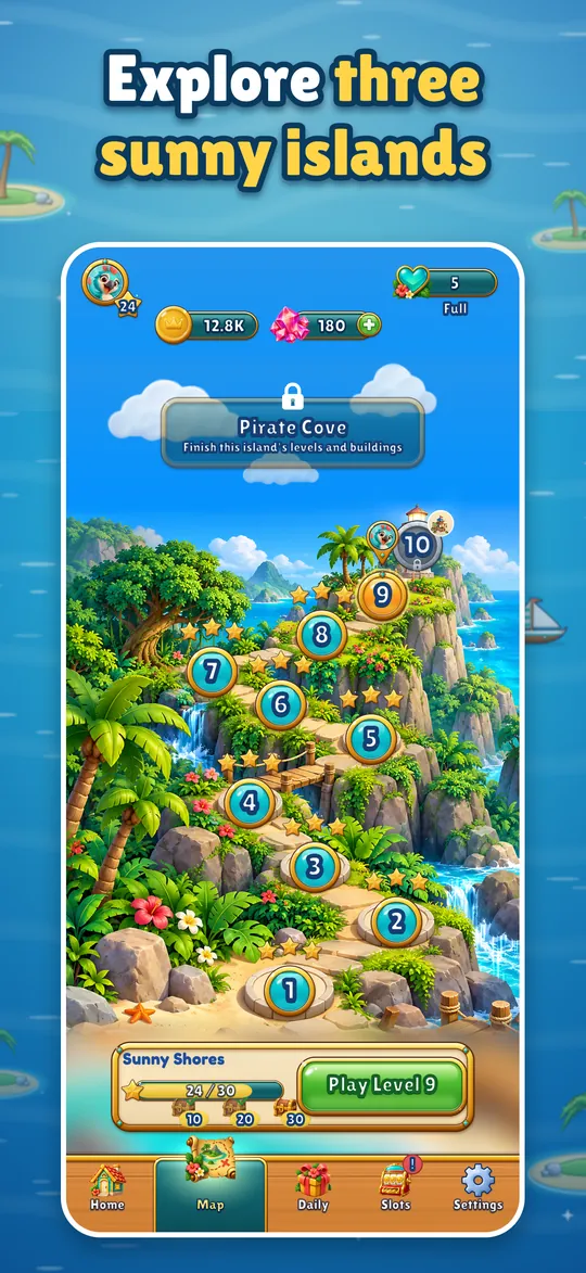Explore eight tropical islands: the level map