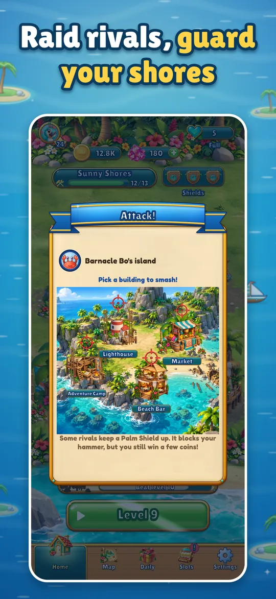 Raid rivals and guard your shores: picking a building to hit on a rival island